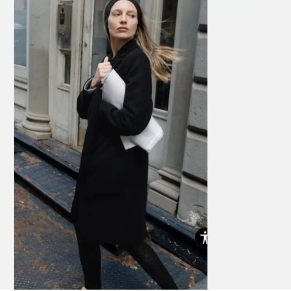 NWOT Zara Lapel Collar Felt Texture Long Open Front Coat NAVY - Picture 2 of 6